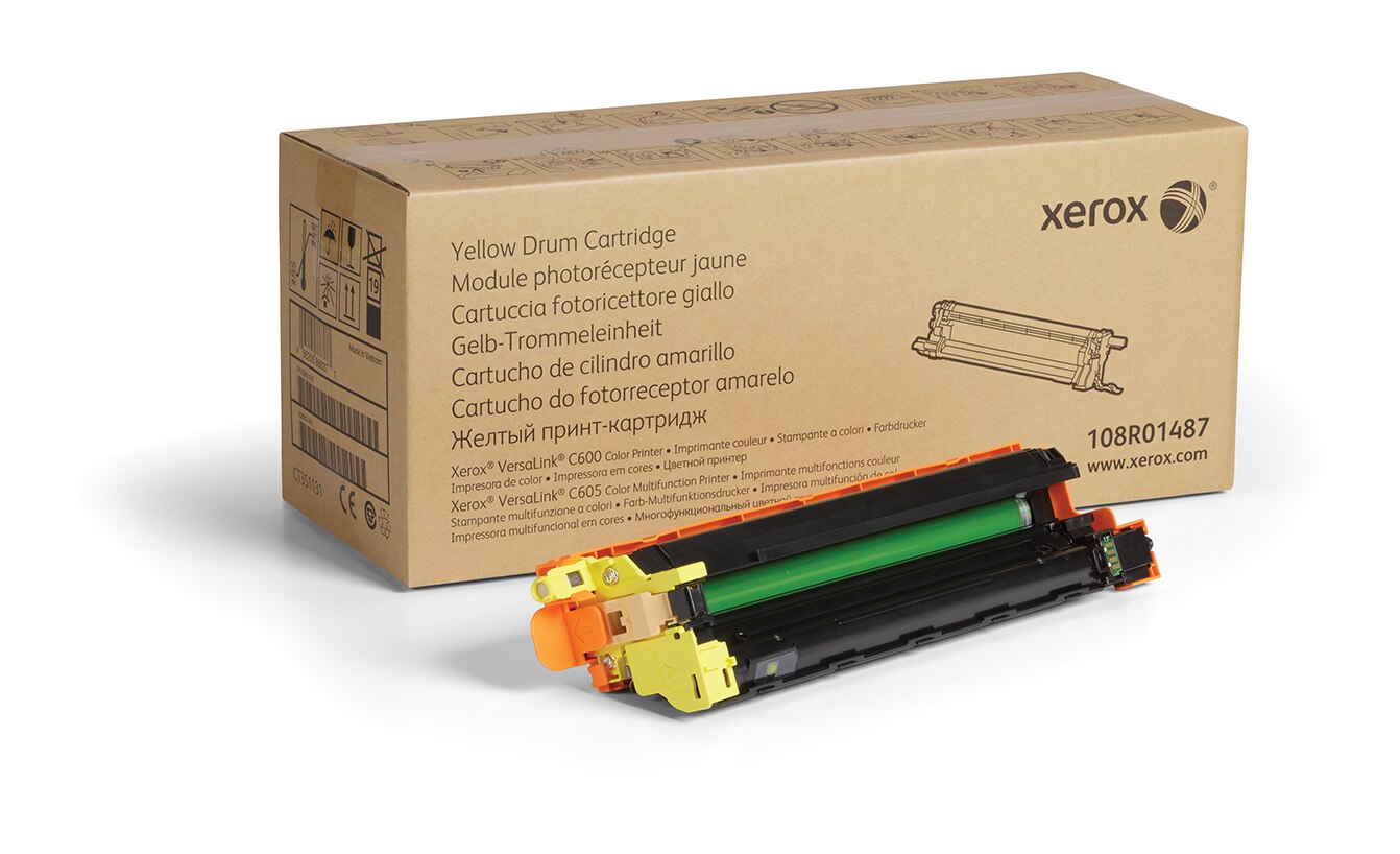 Xerox Yellow Drum Cartridge 108R01487 for VersaLink C600 C605, with packaging, high-quality printing supplies.
