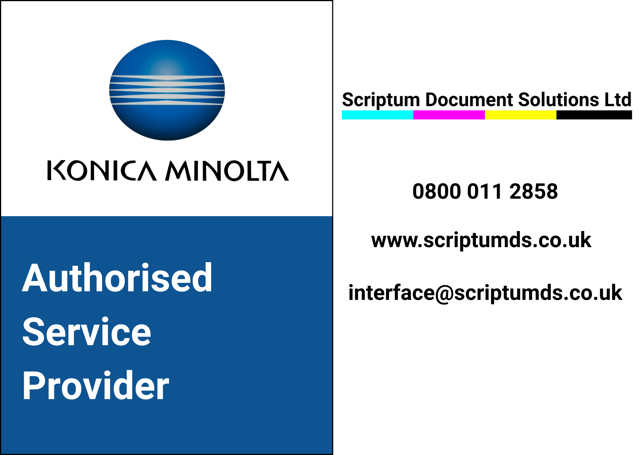 Konica Minolta logo with details of Authorised Service Provider Scriptum Document Solutions Ltd