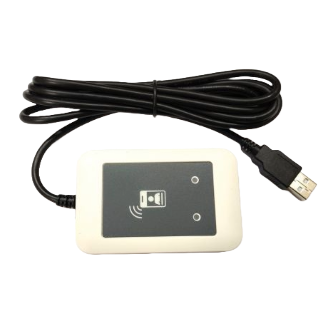 ELATEC TWN4 MIFARE NFC-P RFID Card Reader with USB cable for secure access control.