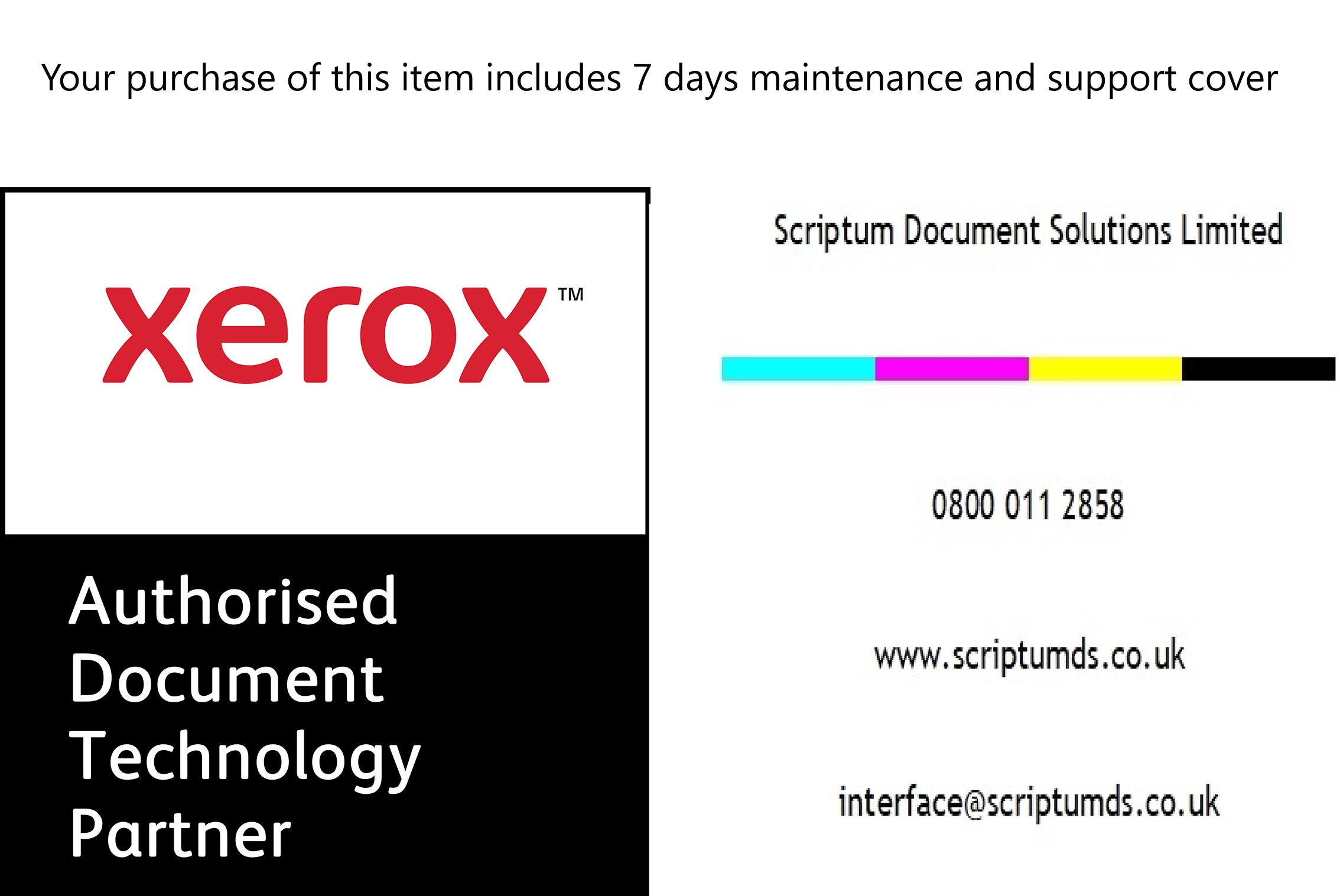 Xerox branded card from Scriptum Document Solutions with support information for document technology services.