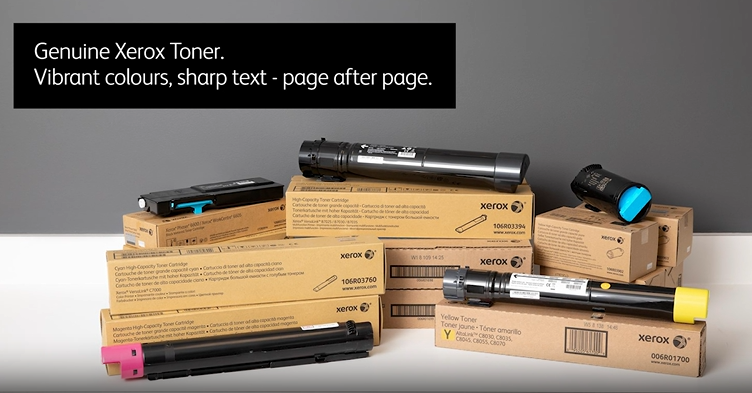 Genuine Xerox toner cartridges with colorful packaging, ensuring vibrant prints and sharp text for high-quality printing.