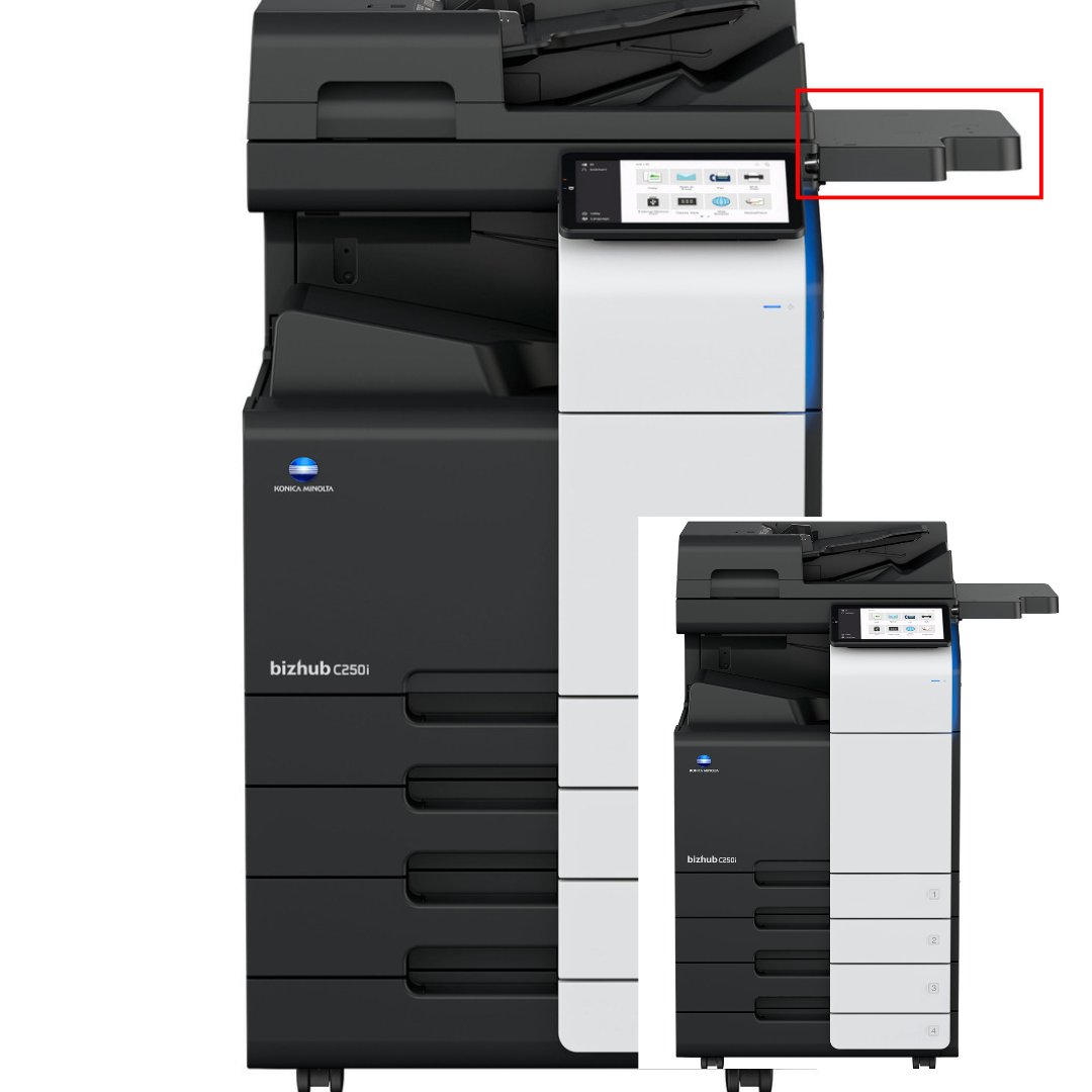 Konica Minolta bizhub C250i multifunction printer with highlighted output tray.