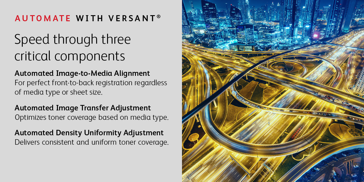 Xerox Versant automation features including image alignment and toner adjustments for high-quality printing.