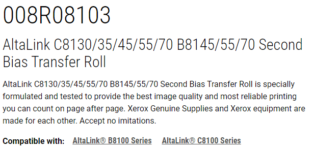 Xerox AltaLink C8100 & B8100 Second Bias Transfer Roll - 008R08103